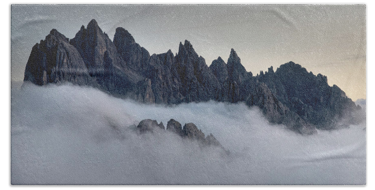 Dolomiti Beach Towel featuring the photograph Mountain landscape with mist, at sunset Dolomites at Tre Cime Italy. by Michalakis Ppalis