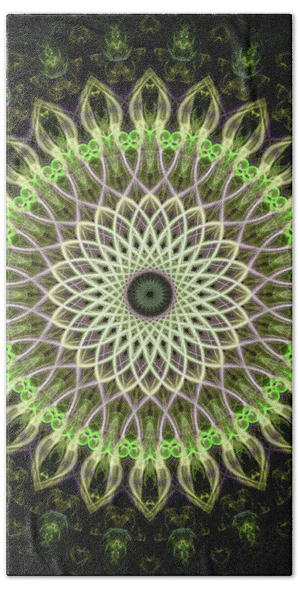 Mandala Beach Towel featuring the digital art Neon green mandala #1 by Jaroslaw Blaminsky