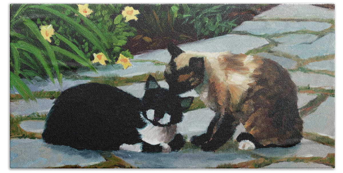 Cats Beach Sheet featuring the painting Nikki and Oreo #1 by Alice Leggett