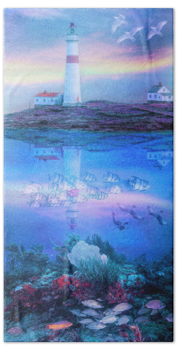 Birds Beach Towel featuring the photograph Ocean's Jewels Lighthouse and Reef #1 by Debra and Dave Vanderlaan