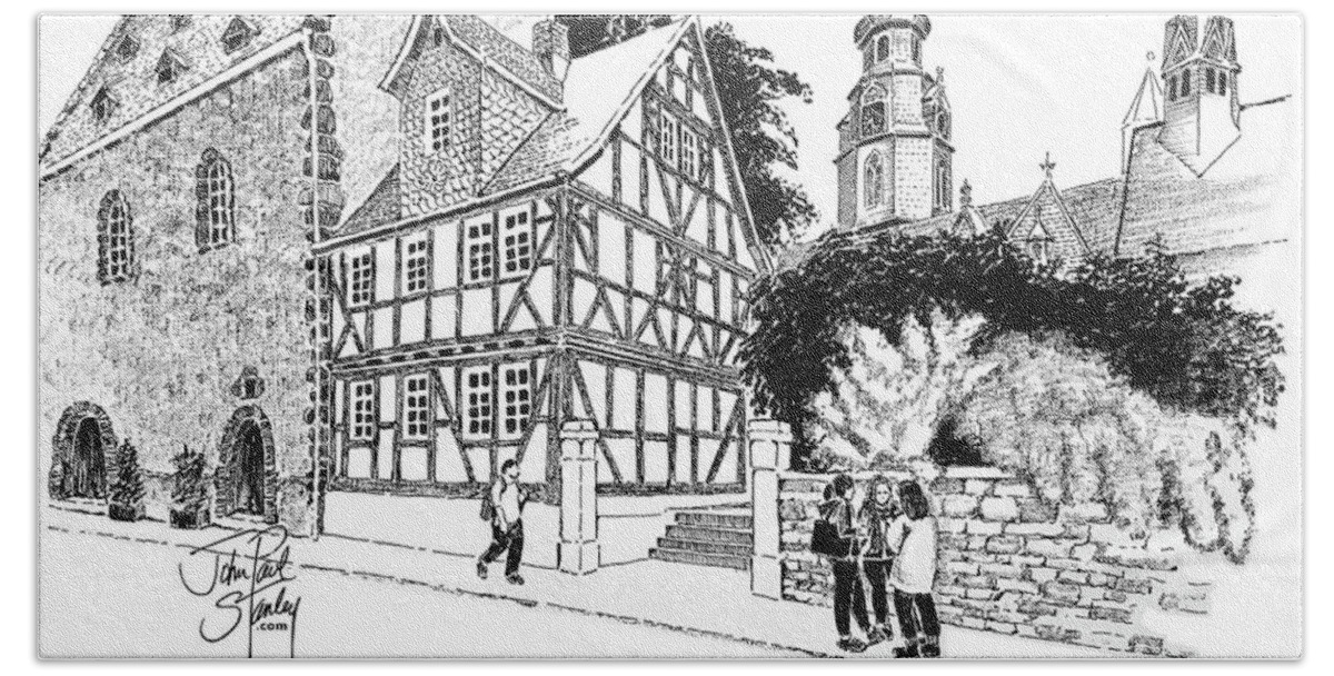 Butzbach Beach Towel featuring the drawing Old Butzbach, Germany #2 by John Paul Stanley