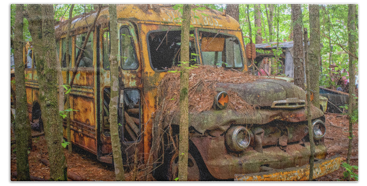 #art #atlanta #discoveratl #exploregeorgia #southcarolina #disc Beach Towel featuring the photograph Old Ford School Bus at Old Car City in White Georgia #1 by Peter Ciro