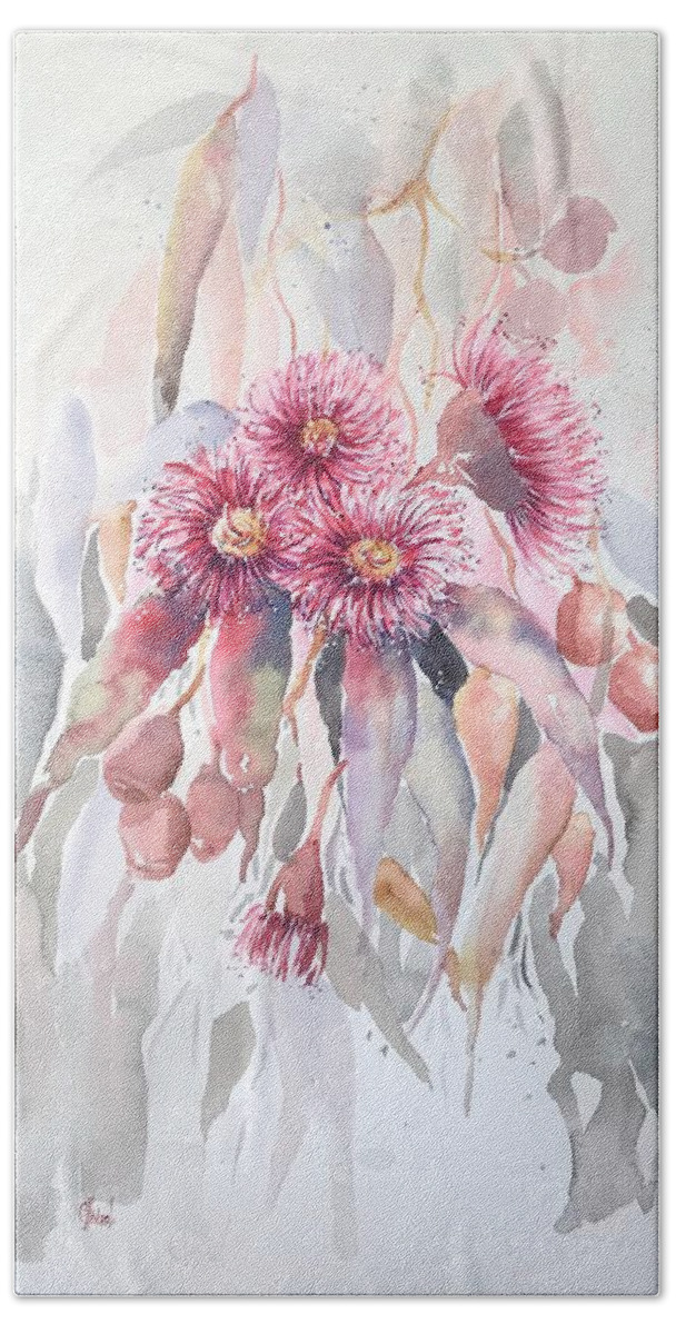 Pink Gum Blossoms Beach Towel featuring the painting Pink Gum Blossoms #1 by Chris Hobel
