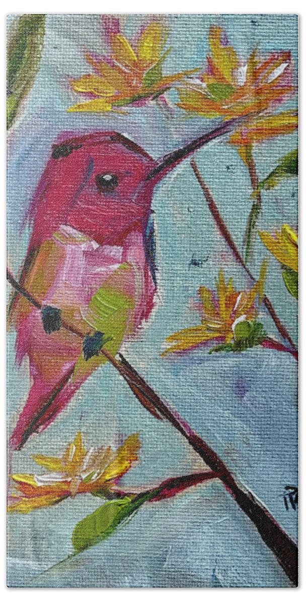 Pink Beach Towel featuring the painting Pink Hummingbird #1 by Roxy Rich