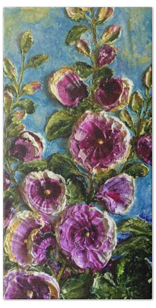 Flowers Beach Towel featuring the painting Purple Hollyhocks #2 by Paris Wyatt Llanso