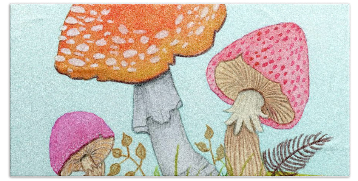 Retro Mushrooms Beach Towel featuring the painting Retro Mushrooms 3 by Donna Mibus