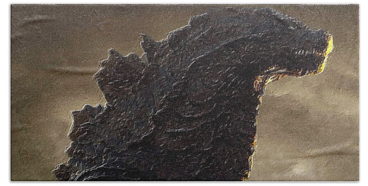 Godzilla Beach Towel featuring the painting Rubino Godzilla Black Gold by Tony Rubino