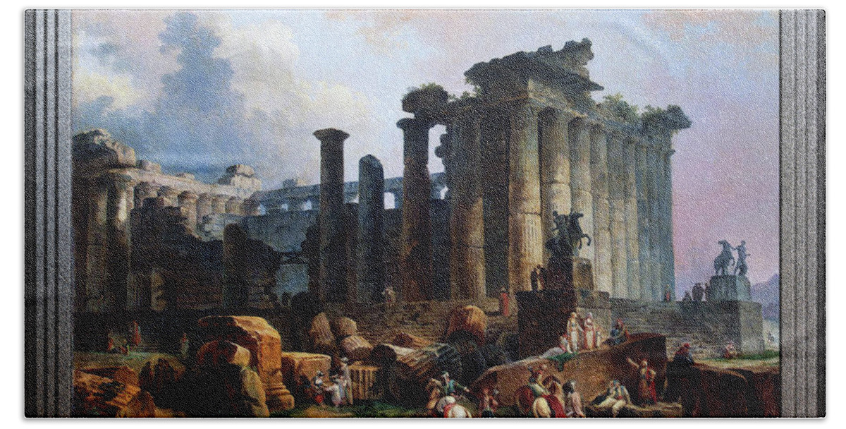 Ruins Of A Doric Temple Beach Towel featuring the painting Ruins of a Doric Temple by Hubert Robert by Rolando Burbon