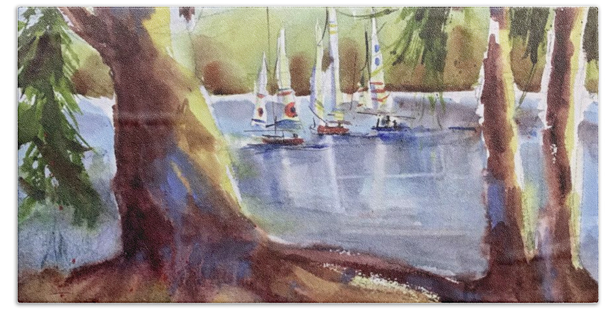 Landscape Beach Towel featuring the painting Sailing on First Lake #1 by Judith Levins
