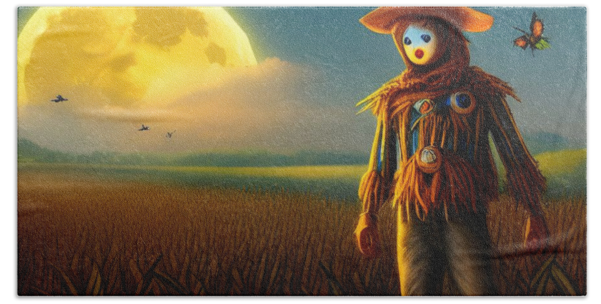 Digital Beach Towel featuring the digital art Scarecrow and Harvest Moon #1 by Beverly Read