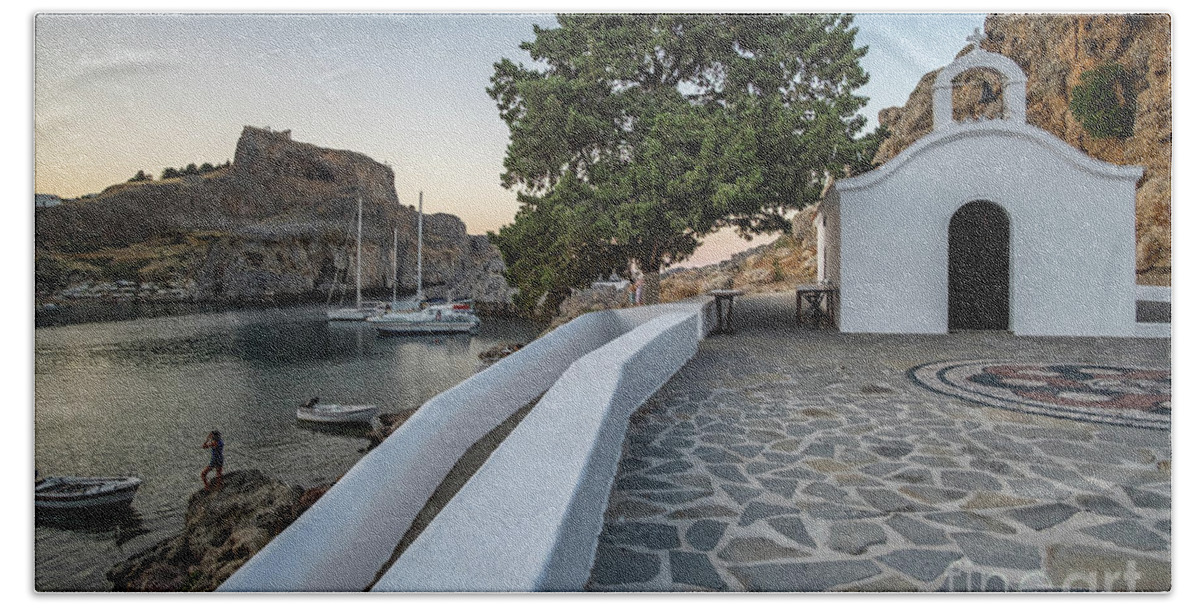 St. Pauls Beach Towel featuring the photograph St. Pauls Bay Chapel, Lindos #1 by Martin Williams