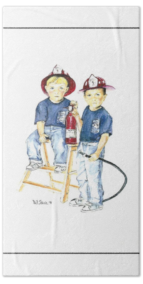 Images Beach Towel featuring the drawing The Firefighter's Sons #1 by Diane Strain