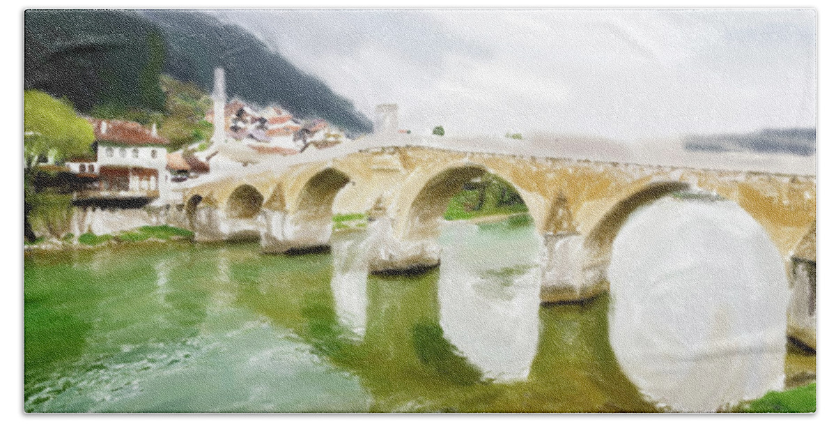 Bosnia Beach Towel featuring the digital art The Old Bridge in Konjic #1 by Alexey Stiop