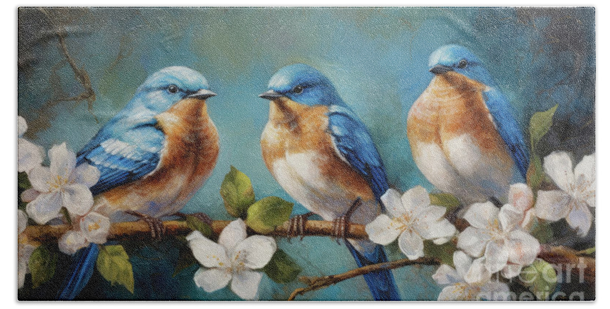 Bluebirds Beach Towel featuring the painting Three Beautiful Bluebirds #2 by Tina LeCour