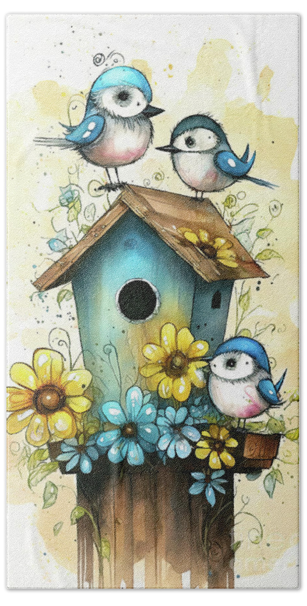 Bluebirds Beach Towel featuring the painting Three Little Bluebirds by Tina LeCour