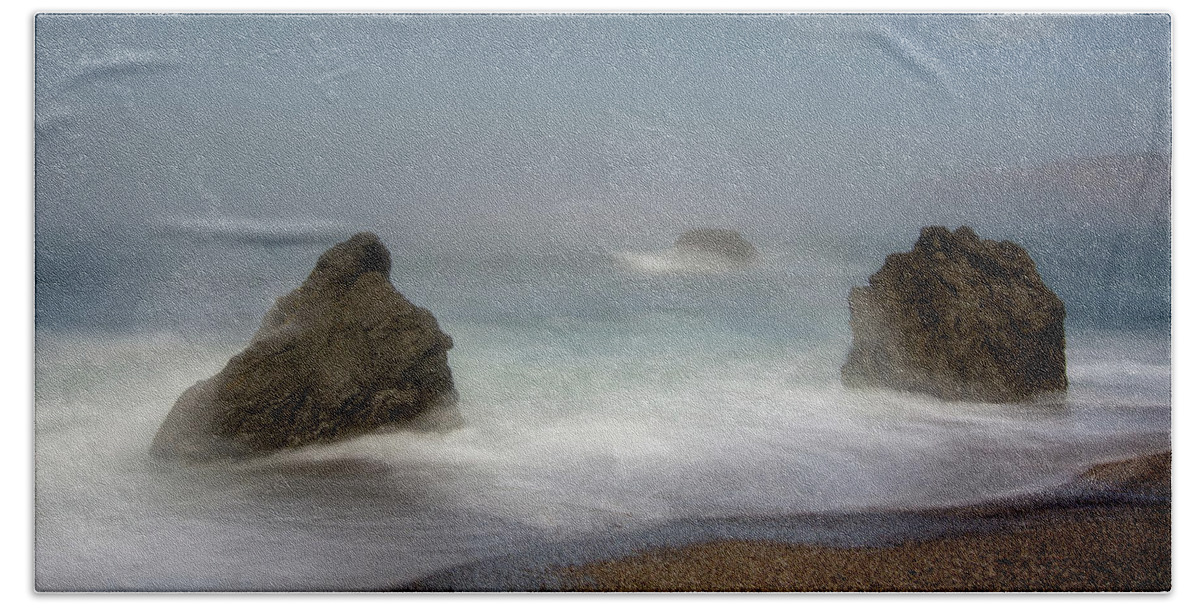 Long Exposure Beach Towel featuring the photograph Three rocks in the ocean by Alessandra RC