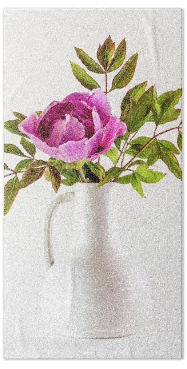 Tree Peony Beach Towel featuring the photograph Tree peony Lan He Paeonia suffruticosa rockii in a white vase by Torbjorn Swenelius