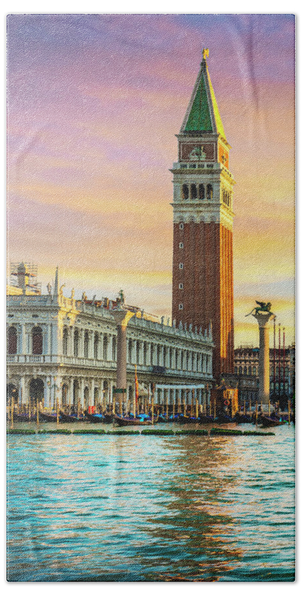 Venice Beach Towel featuring the photograph Venice landmark at dawn, Piazza San Marco with Campanile and Dog #1 by Stefano Orazzini