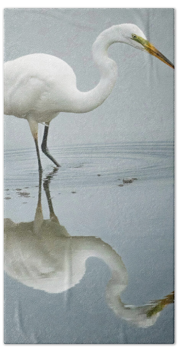  Beach Towel featuring the photograph Wading Egret And Reflection by Gary Slawsky
