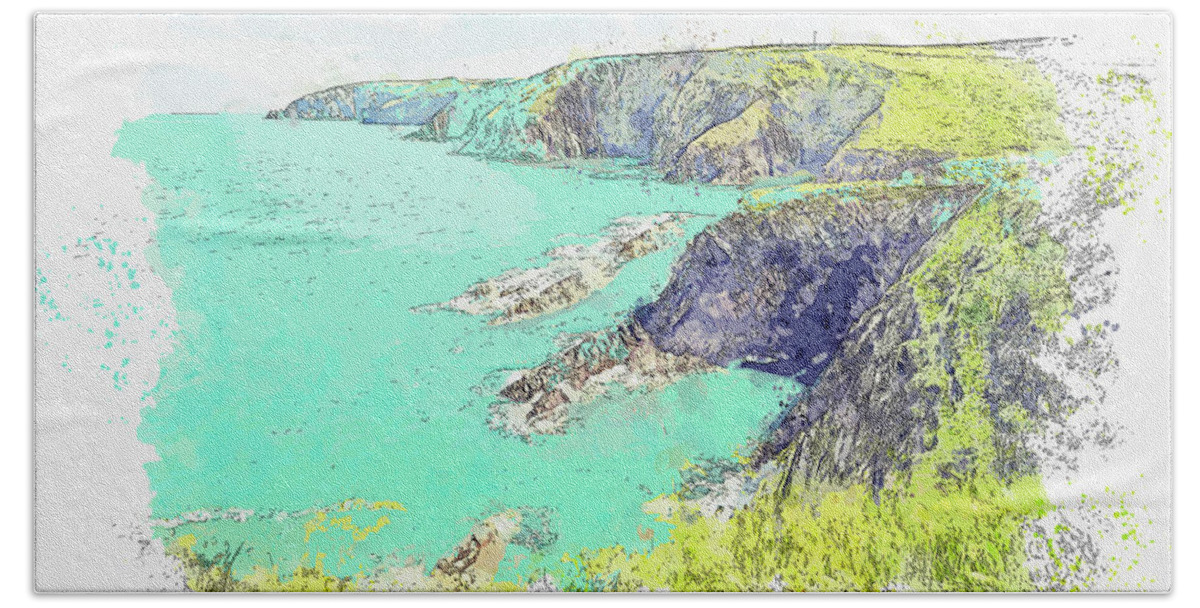 Pembrokeshire Beach Towel featuring the painting Wales Pembrokeshire Coast in watercolor ca by Ahmet Asar #2 by Celestial Images