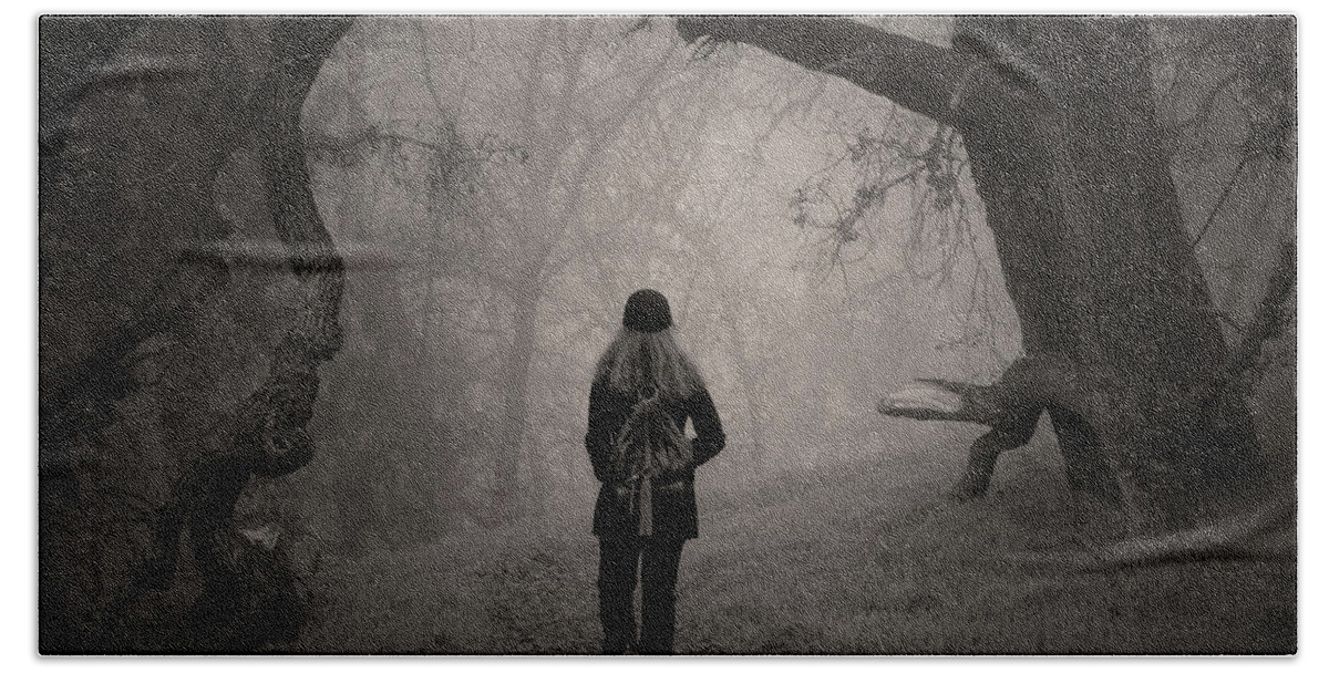 Walking Away Beach Towel featuring the photograph Walking into the misty forest path #2 by Alessandra RC