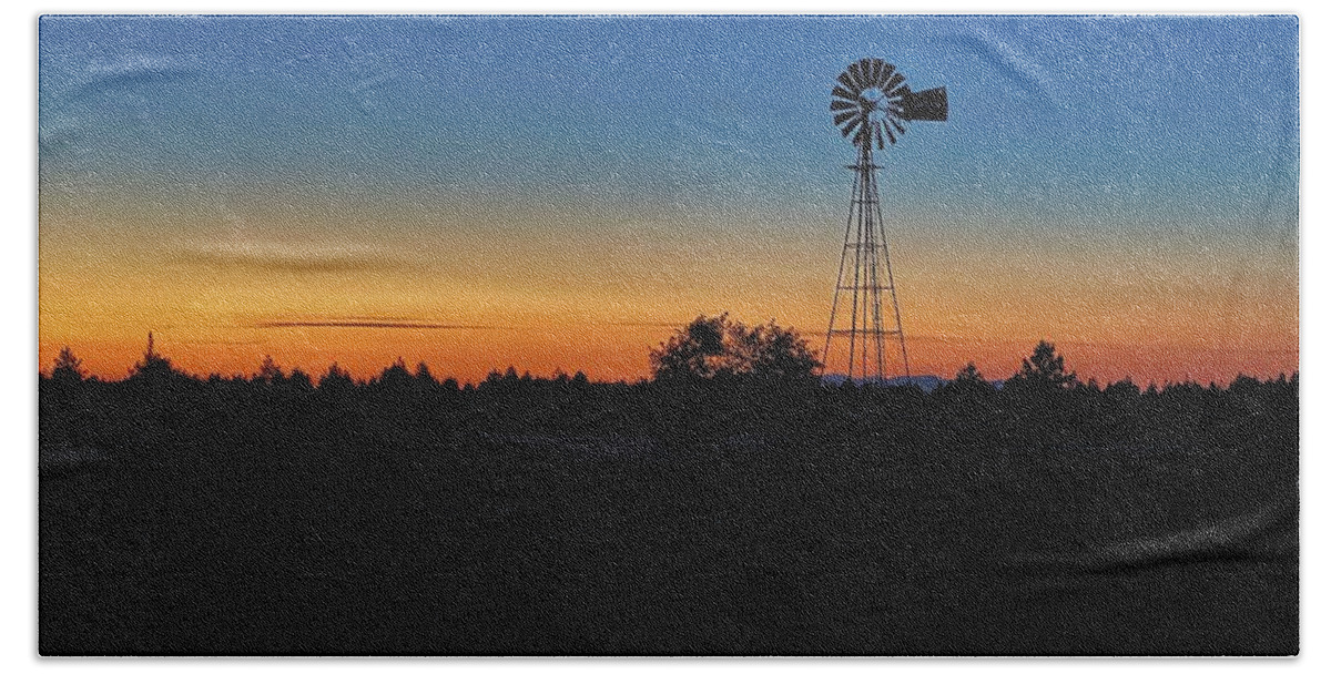 Blue Hour Beach Towel featuring the photograph Blue Hour Windmill Silhouette by Jerry Abbott