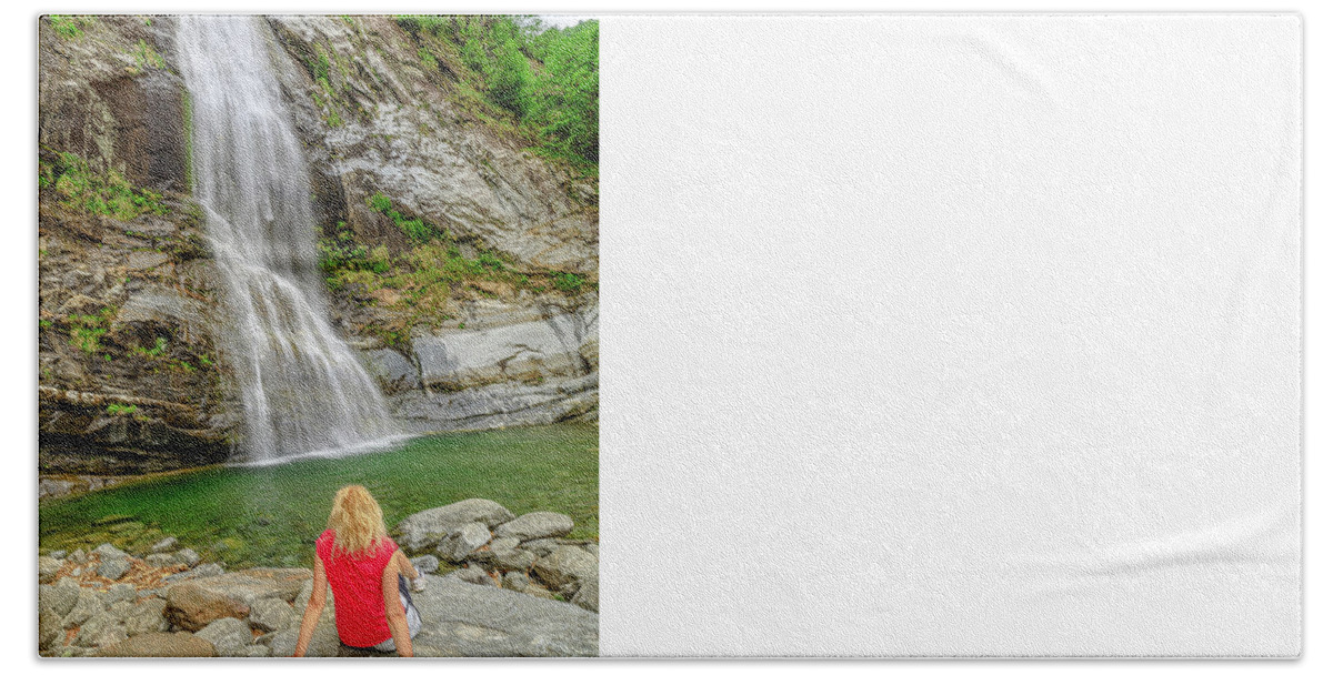 Switzerland Beach Towel featuring the photograph woman in great waterfall of Bignasco #1 by Benny Marty