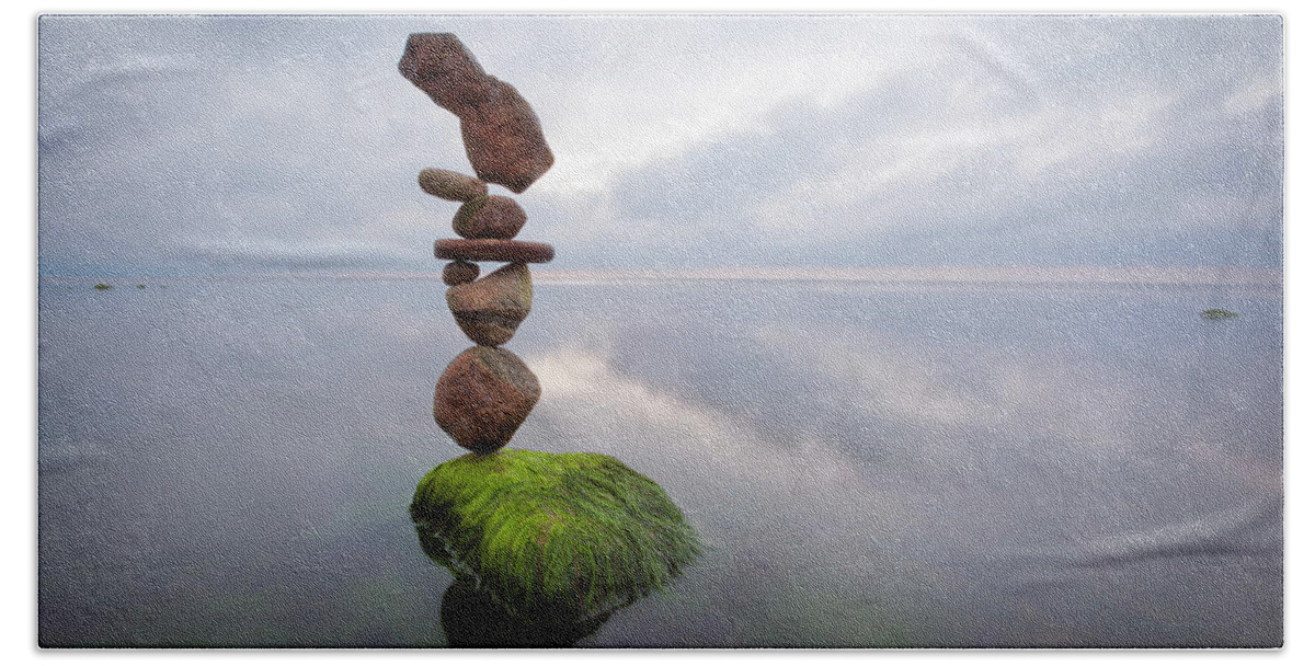Balance Sculpture Rock Nature Sweden Zen Meditation Yoga Beach Towel featuring the sculpture Zen #3 #1 by Pontus Jansson