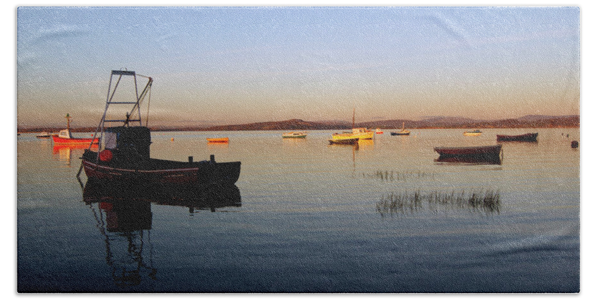 Lancashire Beach Towel featuring the photograph MORECAMBE. Fishing Boats Moored On The Bay. by Lachlan Main