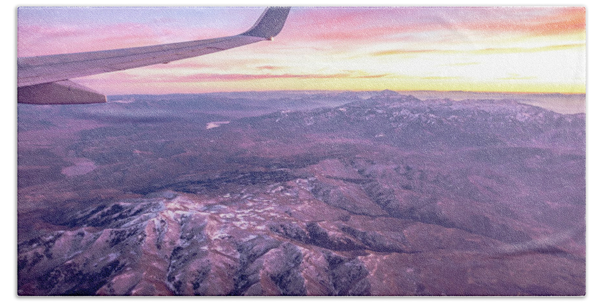 Flying Beach Towel featuring the photograph Flying Over Rockies In Airplane From Salt Lake City At Sunset #17 by Alex Grichenko