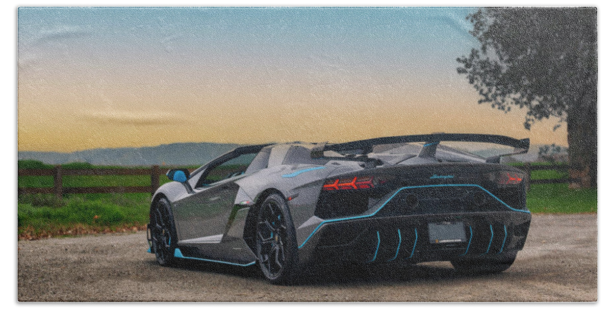 Lamborghini Beach Towel featuring the photograph #Lamborghini #Aventador #SVJ #Roadster #Print #18 by ItzKirb Photography