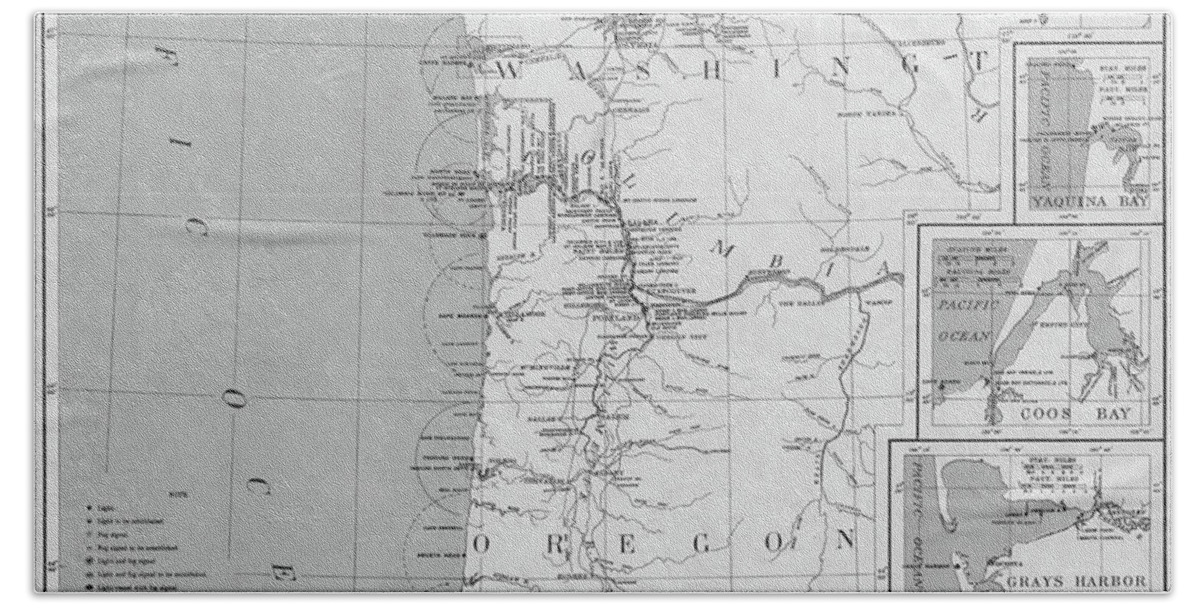 Pacific Beach Towel featuring the photograph 1898 Pacific Northwest, Washington, Oregon and Alaska Lighthouse Map in Black and White by Toby McGuire