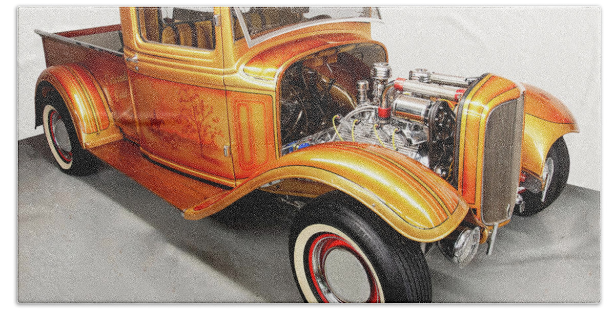 1933 Ford Quarter Ton Pickup Truck Street Rod Beach Towel featuring the photograph 1933 ford quarter ton pickup truck street rod Colorado Gold by Flees Photos