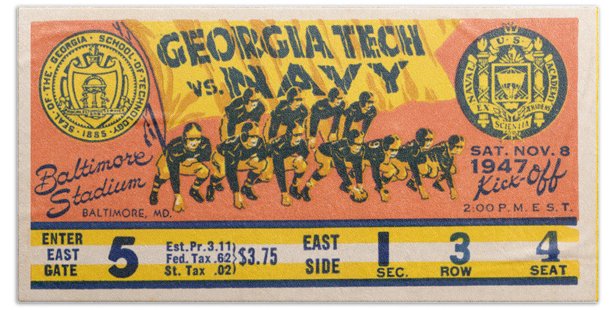 Georgia Tech Beach Towel featuring the mixed media 1947 Georgia Tech vs. Navy by Row One Brand