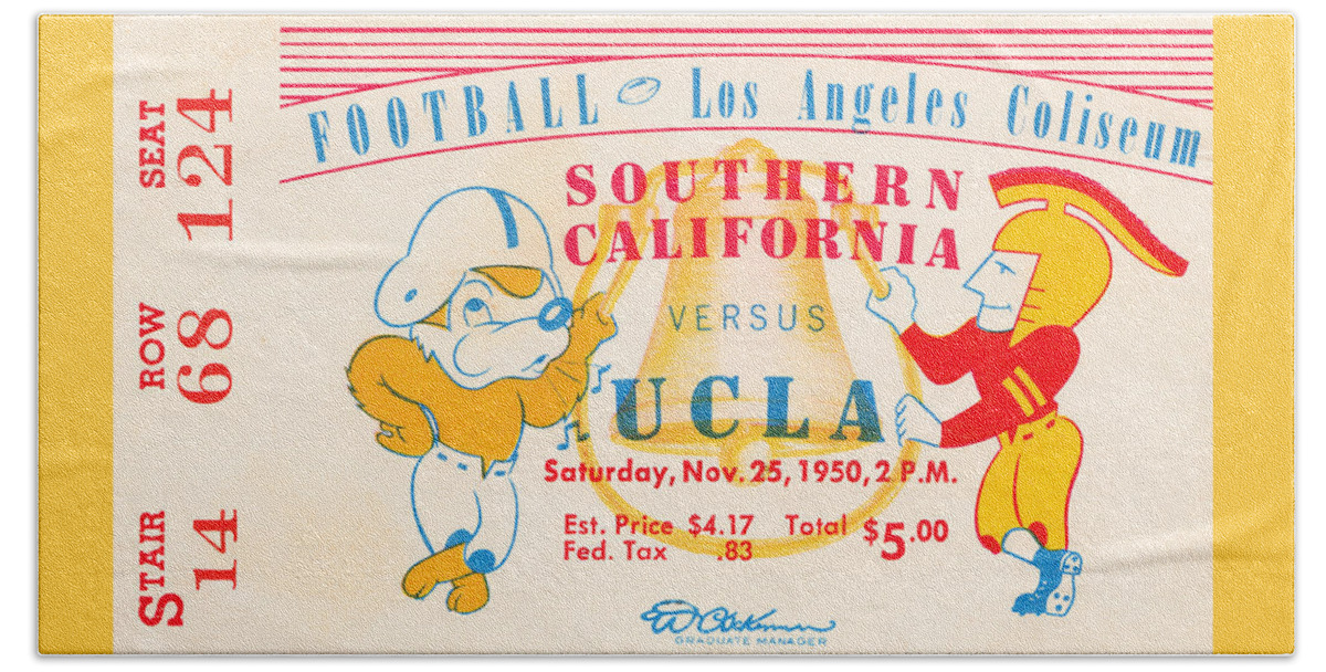 Ucla Beach Towel featuring the mixed media 1950 USC vs. UCLA Ticket Stub Art by Row One Brand
