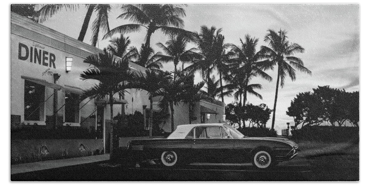 Palms Beach Towel featuring the photograph 1950s Diner and T-Bird Bw by Laura Fasulo