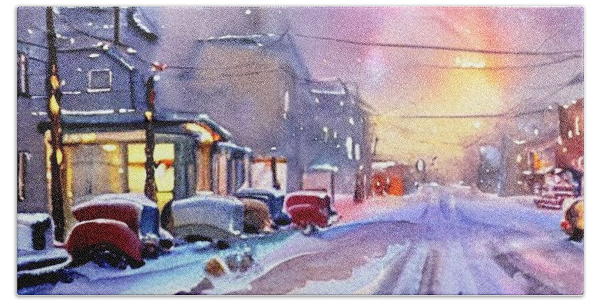 Watercolor Beach Towel featuring the painting 1950s Streetscape in Winter by Christopher Lotito