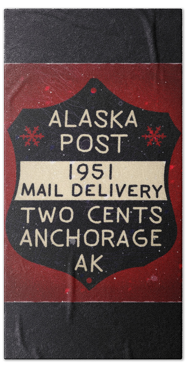 Dispatch Beach Towel featuring the digital art 1951 Union PO - Anchorage Alaska - 2cts. Local Mail Delivery - Bear Claw Red - Mail Art Post by Fred Larucci