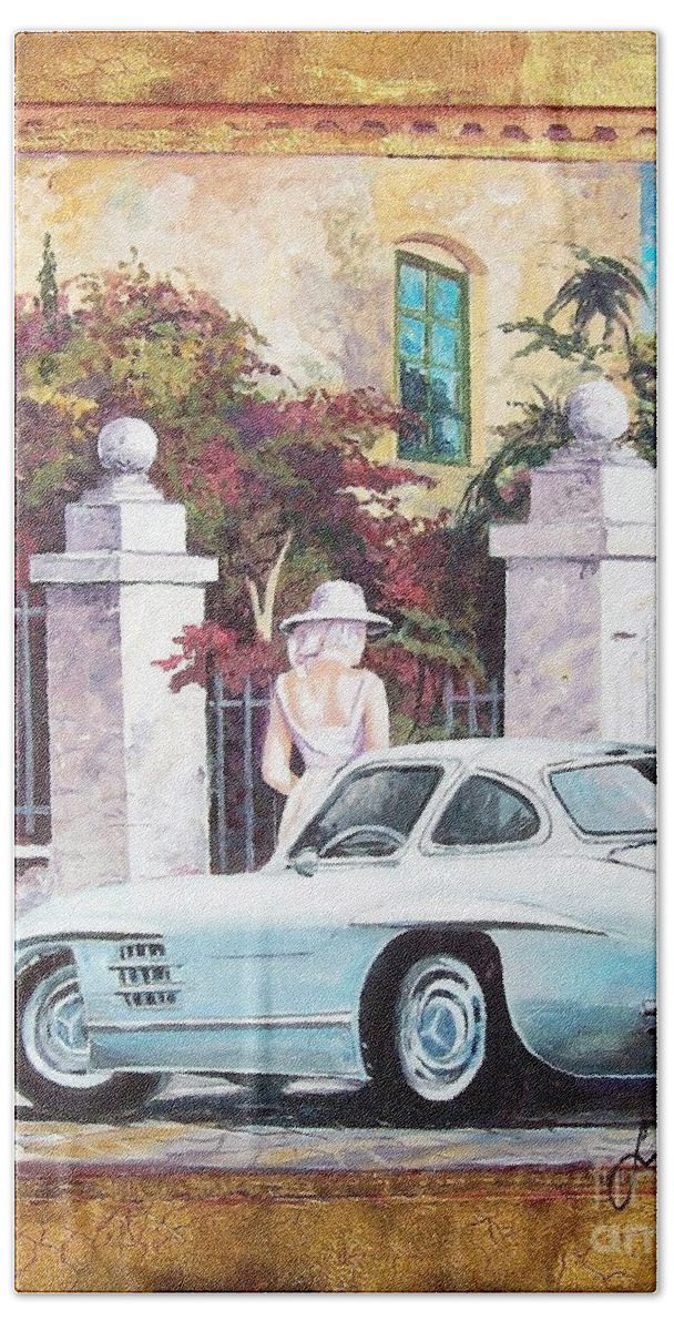 Classic Cars Paintings Beach Towel featuring the painting 1954 Mercedes Benz sl 300 Gullwing by Sinisa Saratlic