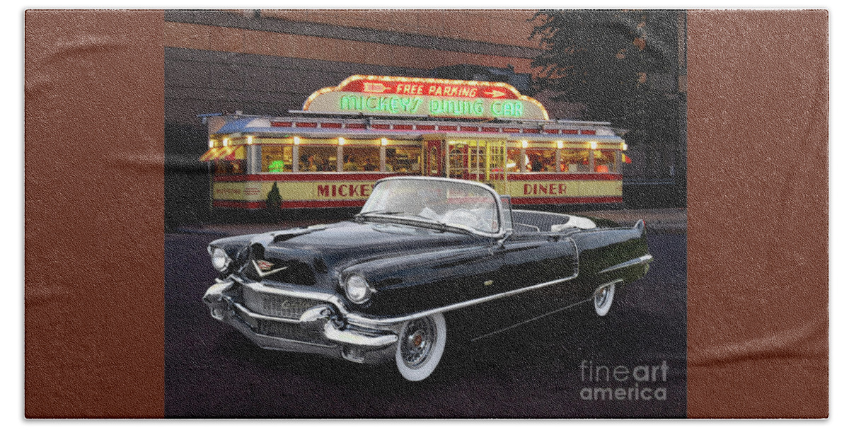1956 Beach Towel featuring the photograph 1956 Cadillac At Mickey's Dining Car by Ron Long