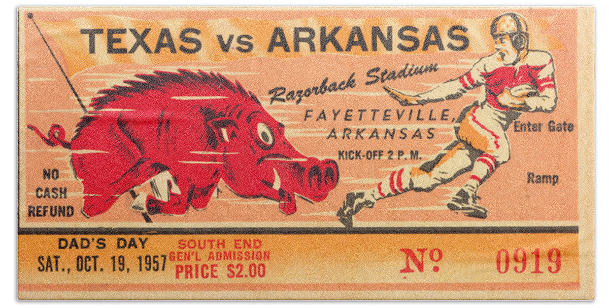 Arkansas Football Beach Towel featuring the mixed media 1957 Arkansas vs. Texas by Row One Brand