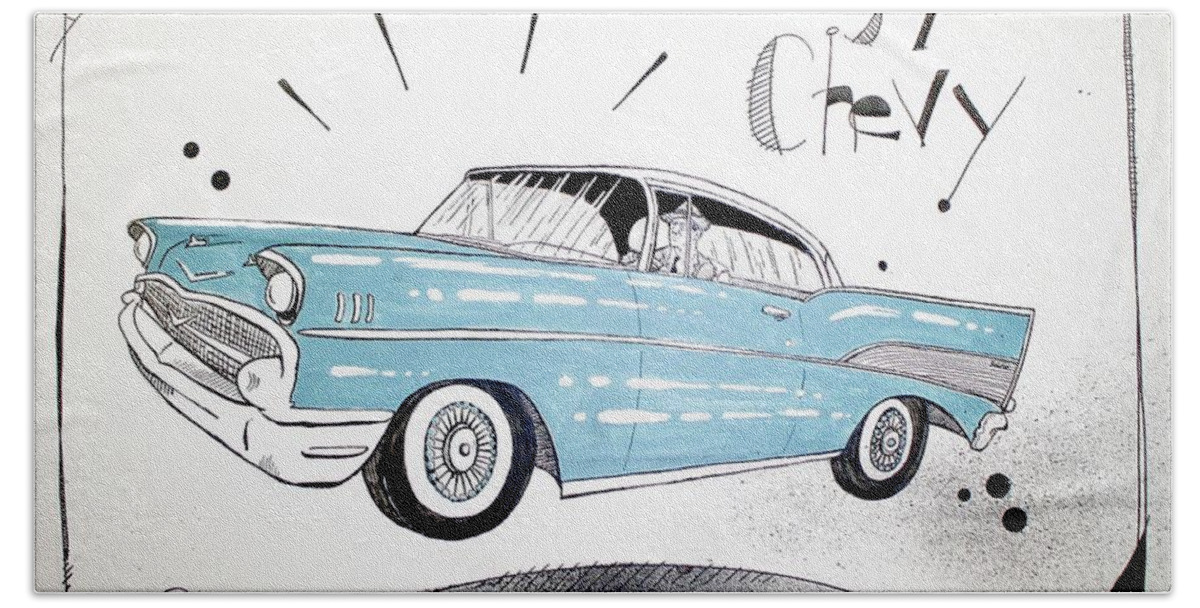  Beach Towel featuring the drawing 1957 Chevy by Phil Mckenney