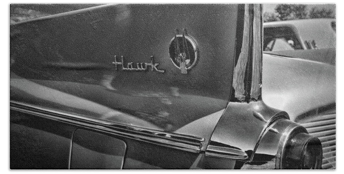 Paul Ward Beach Towel featuring the photograph 1960 Studebaker Hawk Tail Fin black and white by Paul Ward