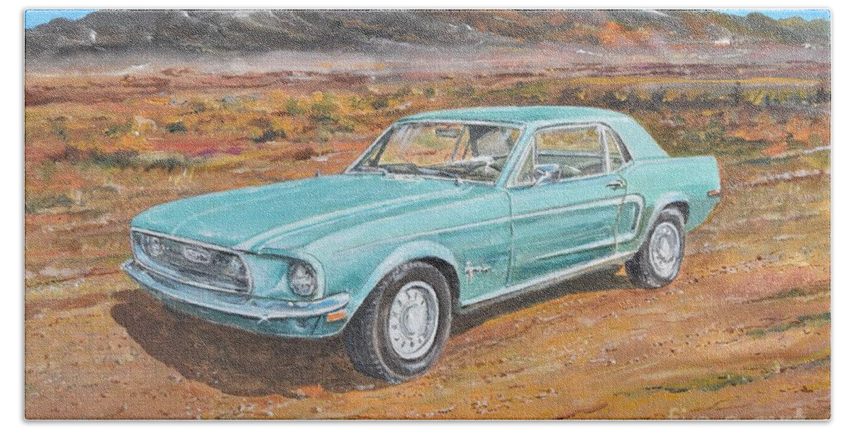 1968 Ford Mustang Painting Beach Towel featuring the painting 1968 Ford Mustang by Sinisa Saratlic
