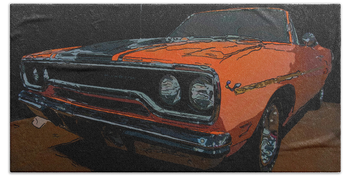 1970 Plymouth Roadrunner 440 Six Pack Beach Towel featuring the drawing 1970 Plymouth Roadrunner 440 six pack digital drawing by Flees Photos