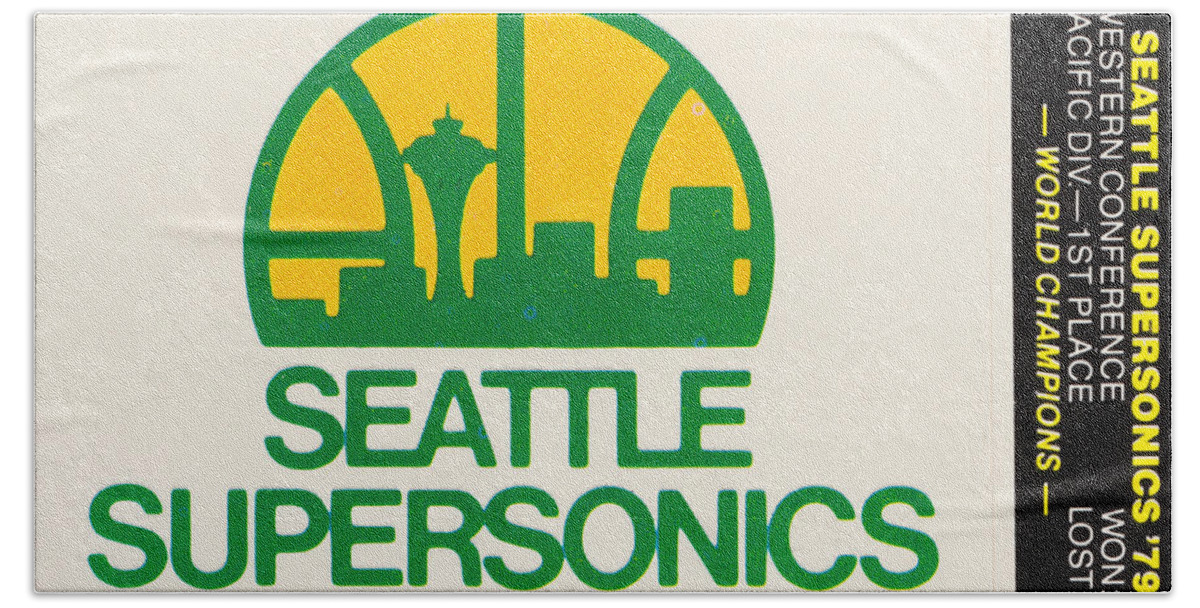 Seattle Supersonics Beach Towel featuring the mixed media 1979 Seattle Supersonics Fleer Decal by Row One Brand