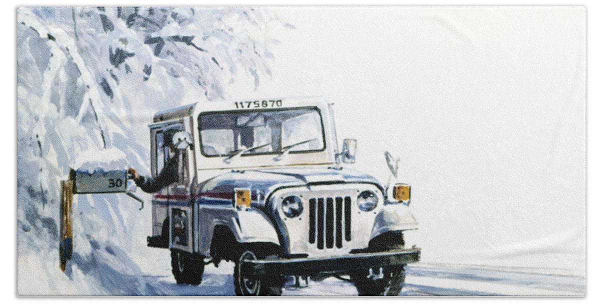 John Swatsley Beach Towel featuring the painting 1980s U.S. Postal Service Jeep by John Swatsley