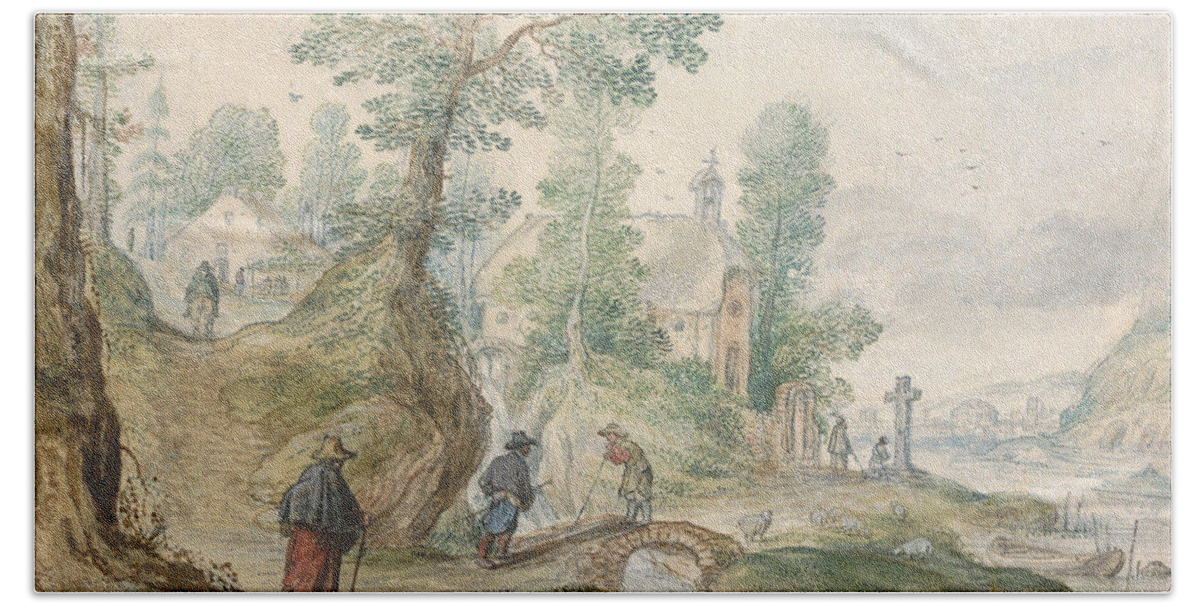 Hendrick Avercamp Beach Towel featuring the drawing A Wooded River Landscape with a Church and Figures #3 by Hendrick Avercamp