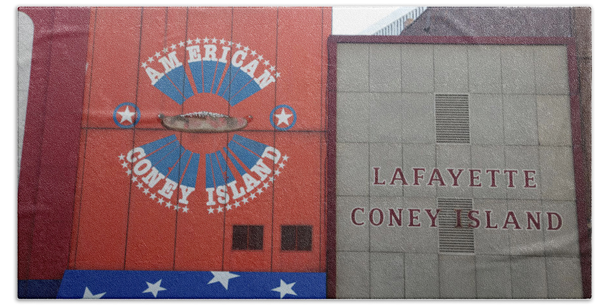 Lafayette Coney Detroit Beach Towel featuring the photograph American and Lafayette Coney Island in Detroit Michigan by Eldon McGraw