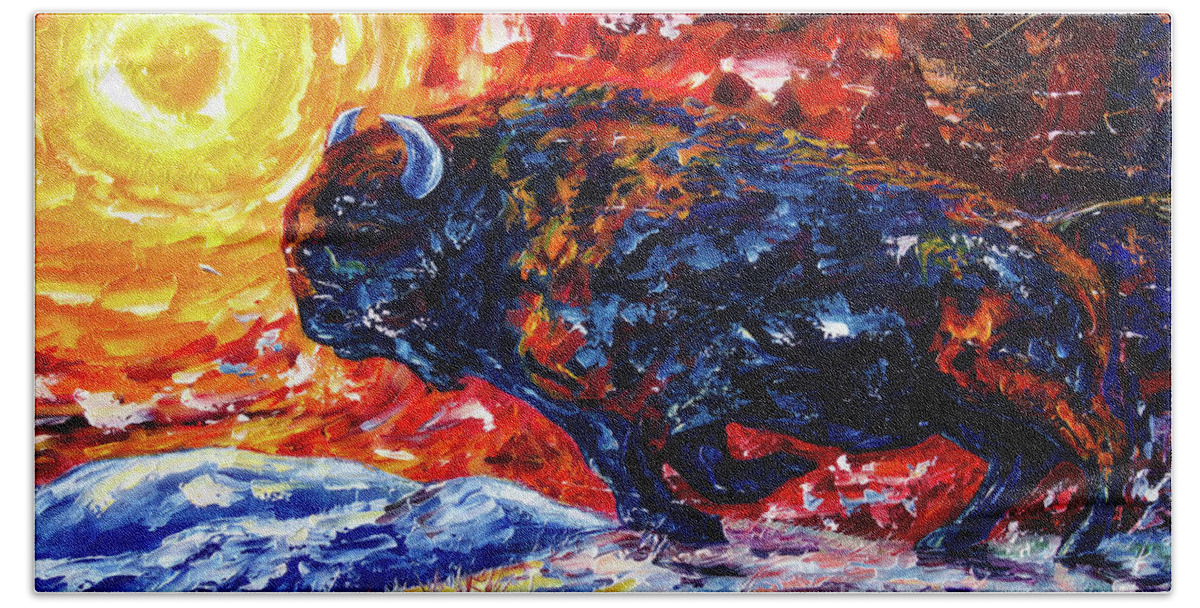 Olena Art Beach Towel featuring the painting Wild the Storm - American Bison Running by Lena Owens - OLena Art Vibrant Palette Knife and Graphic Design
